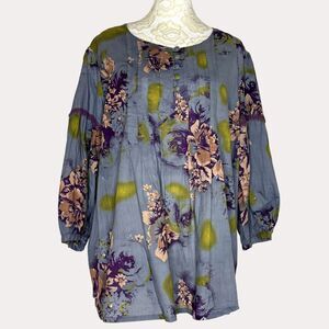 World Market Boho Pleated Crochet Trim Swing Top Blouse Floral S M bv